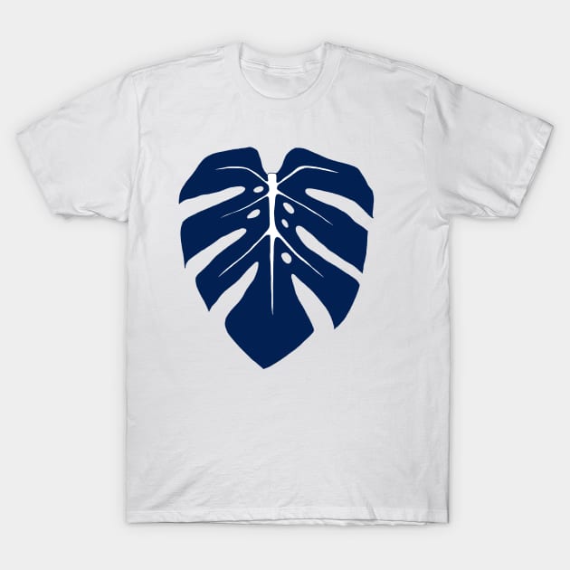 Navy Blue Monstera Leaf T-Shirt by ally1021